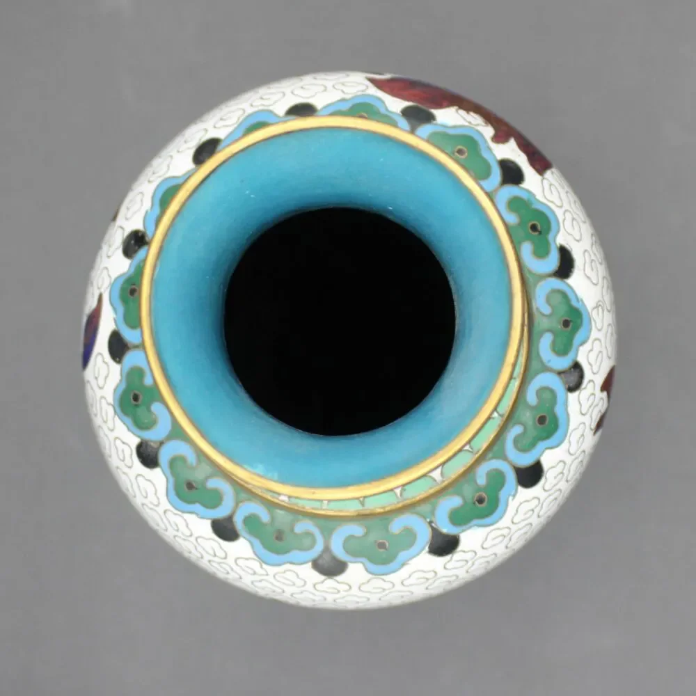 Vintage Brass Cloisonne Vase White Enamel Floral Butterfly w/ Blue Interior 7.5